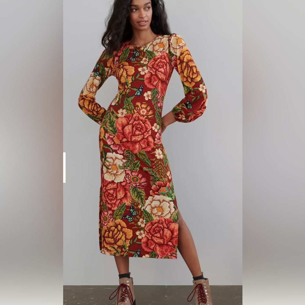 Farm Rio x Anthropologie Jessa Pixel Floral Bishop Sleep Side Slit Midi Dress